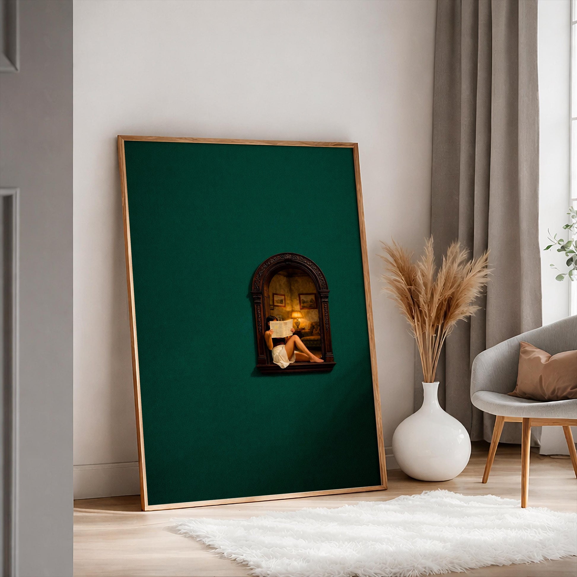 Surreal Reading Woman Poster, Dreamy Hidden Nook Wall Art, Retro Interior Print, Conceptual Archway Scene, Whimsical Home Decor