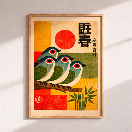 Vintage Japanese Bird Art Print, Mid Century Modern Wall Decor, Retro Red Sun & Bamboo Poster, Japandi Animal Illustration, MCM Asian Art