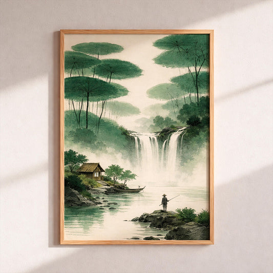 Japanese Landscape Wall Art, Vintage Oriental Waterfall Poster, Zen Mountain Ink Painting, Traditional Asian Decor, Serene Nature Wall Hang