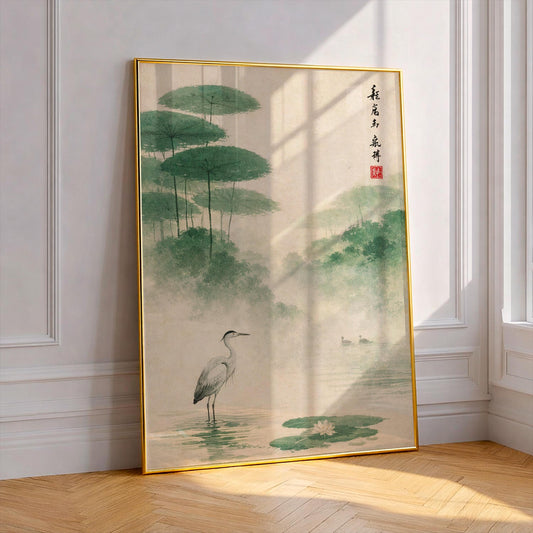 Japanese Heron Wall Art Vintage Crane Poster Asian Nature Print Zen Lotus Flower Painting Japandi Decor Oriental Ink Artwork Antique Style