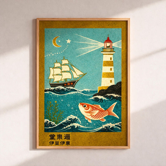Japanese Vintage Lighthouse Wall Art, Nautical Sailboat Fish Ocean Night Sky Stars Poster, Mid Century Modern Beach House Decor Art Print