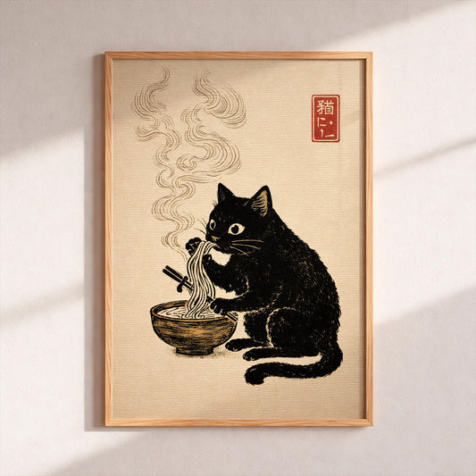 Vintage Black Cat Eating Ramen Poster, Japanese Woodblock Style Art Print, Quirky Kitchen Wall Decor, Funny Cat Lover Gift, Japandi Wall Art