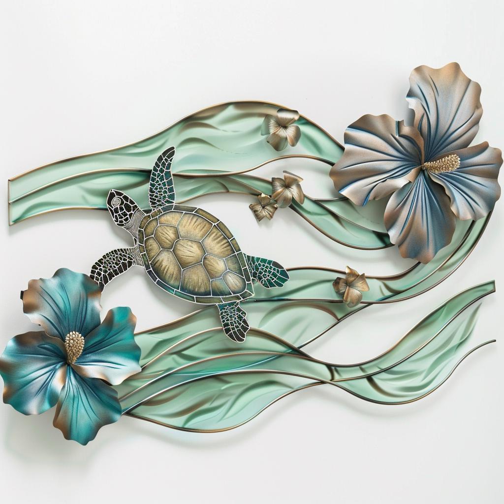 Sea Turtle Hibiscus Metal Wall Art, Tropical Ocean Decor Coastal Sign