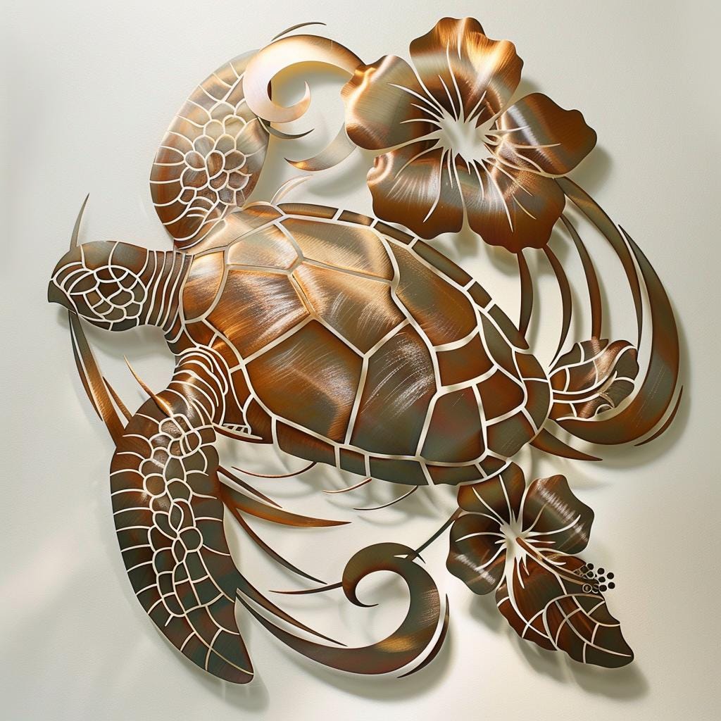 Sea Turtle Hibiscus Metal Wall Art, Tropical Ocean Decor Coastal Sign