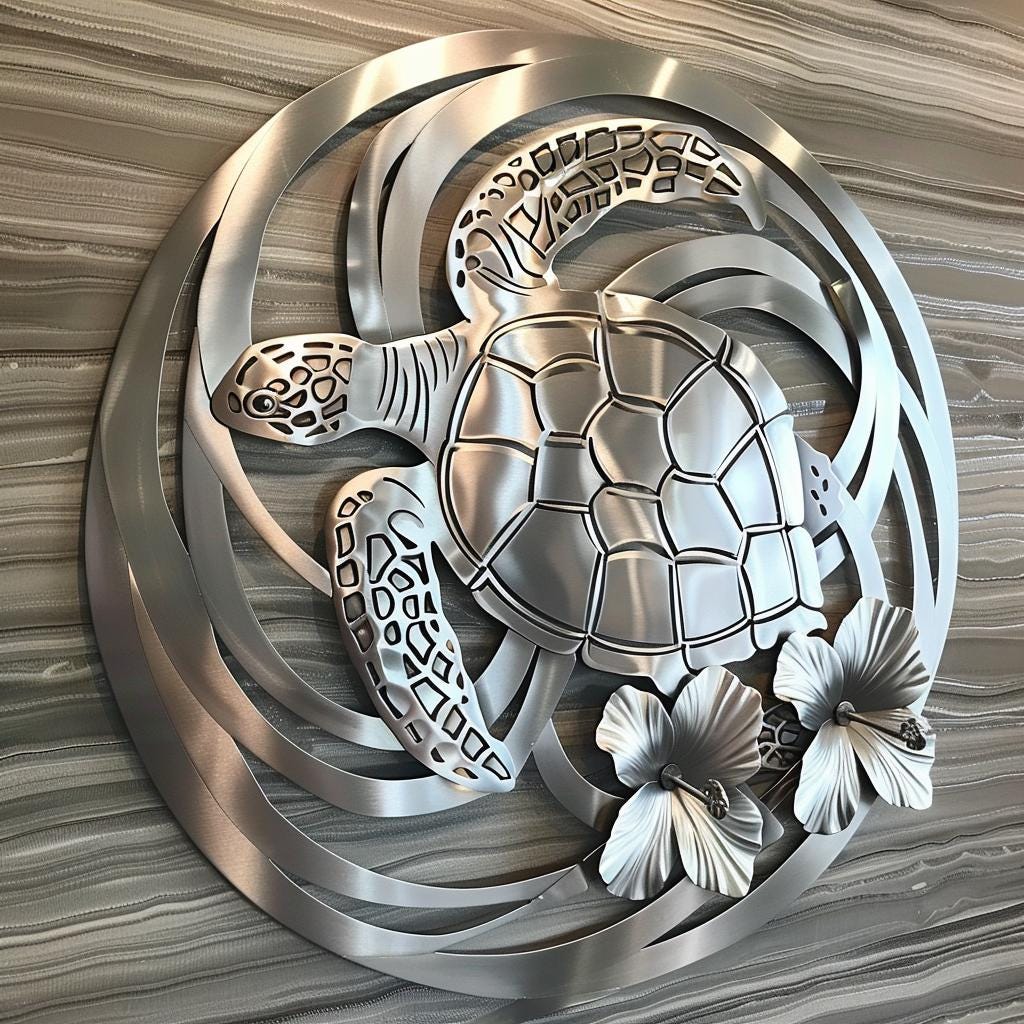 Sea Turtle Hibiscus Metal Wall Art, Tropical Ocean Decor Coastal Sign