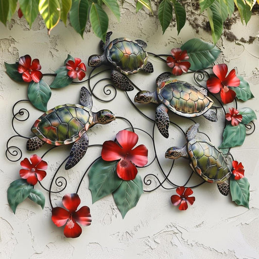Metal Sign: Sea Turtle, Hibiscus Flowers, Coastal Ocean Decor