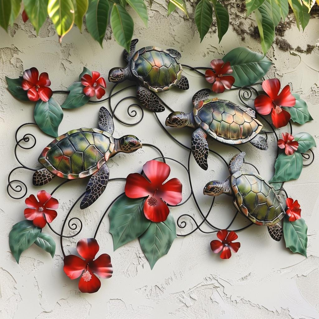 Metal Sign: Sea Turtle, Hibiscus Flowers, Coastal Ocean Decor