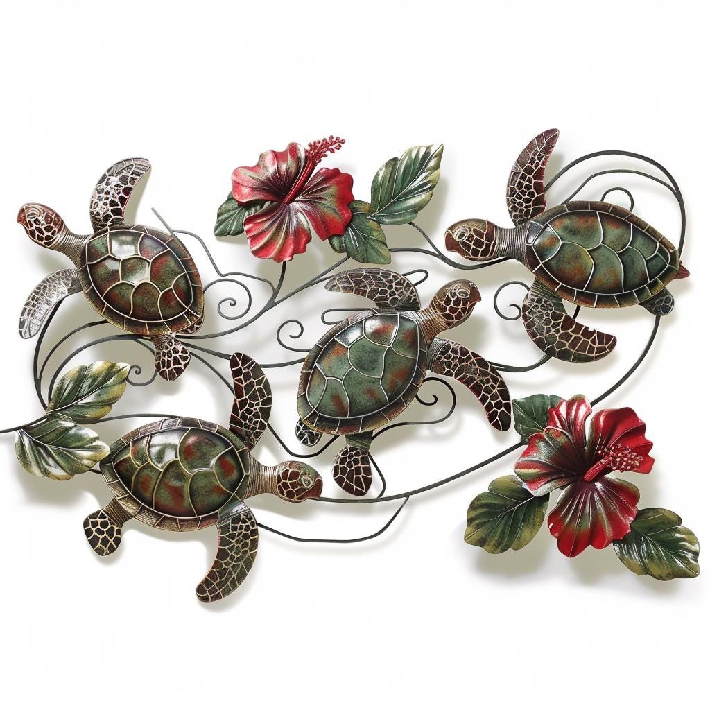 Metal Sign: Sea Turtle, Hibiscus Flowers, Coastal Ocean Decor