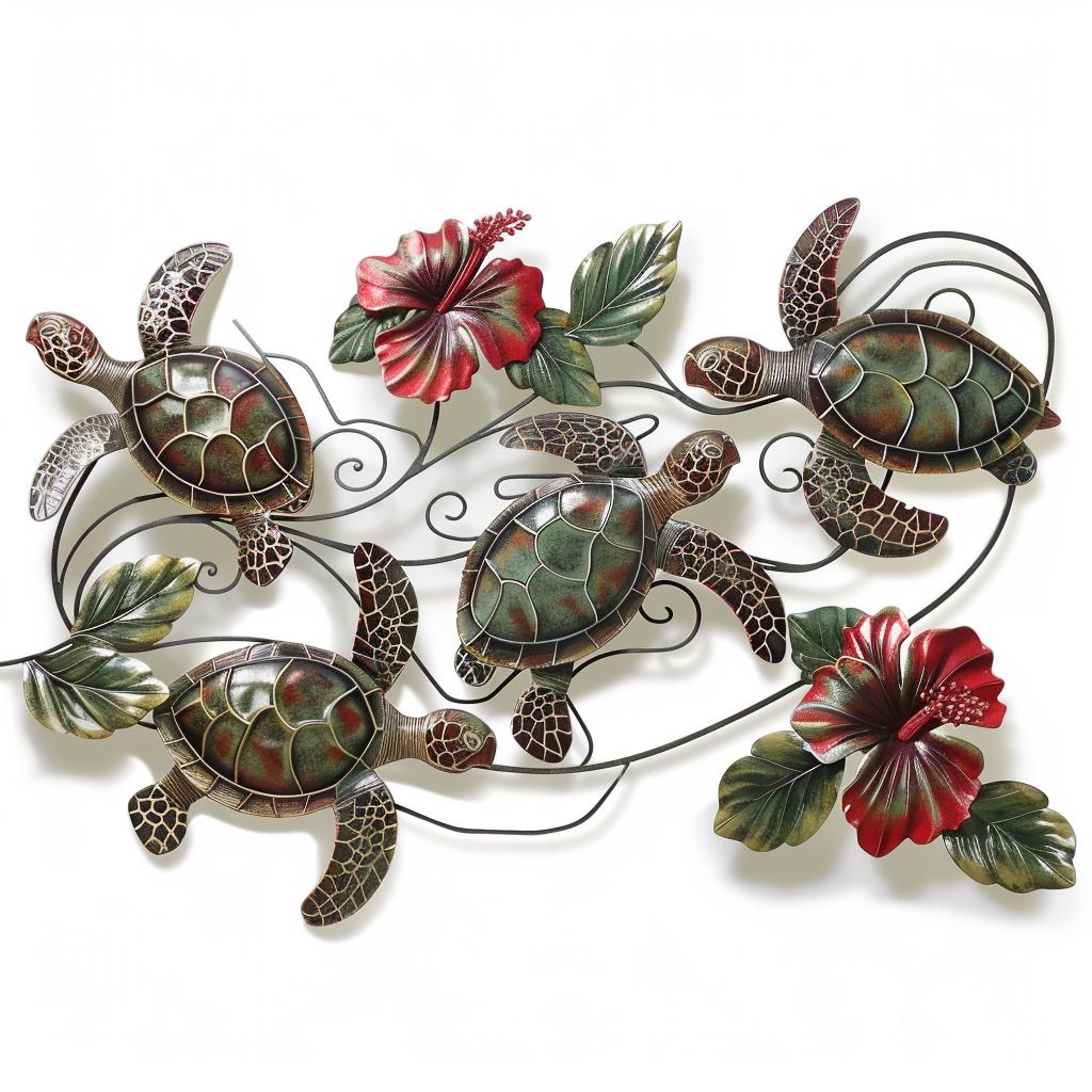 Metal Sign: Sea Turtle, Hibiscus Flowers, Coastal Ocean Decor