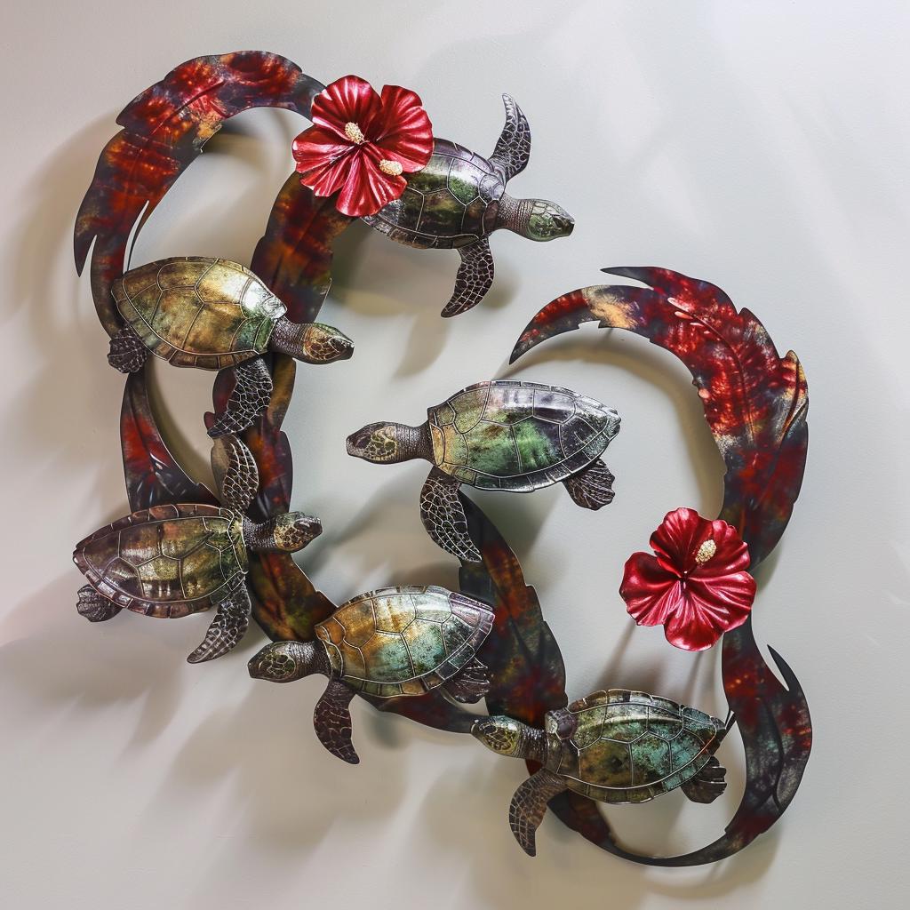 Metal Sign: Sea Turtle, Hibiscus Flowers, Coastal Ocean Decor