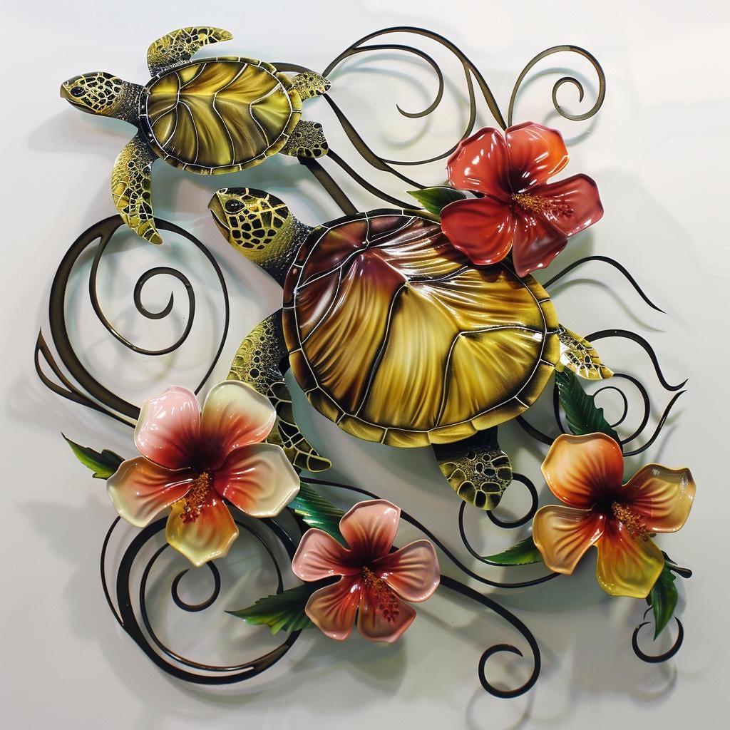 Metal Sign: Sea Turtle, Hibiscus Flowers, Coastal Ocean Decor