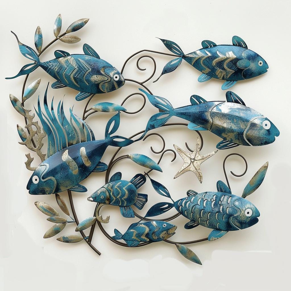 School of Blue Fish Metal Wall Art, Marine Life Ocean Decor Coastal Home Sign