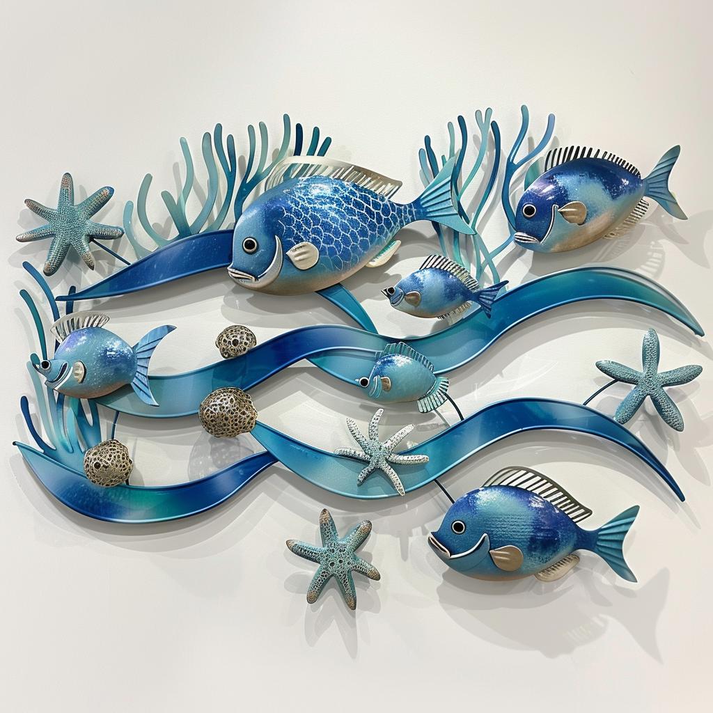 School of Blue Fish Metal Wall Art, Marine Life Ocean Decor Coastal Home Sign