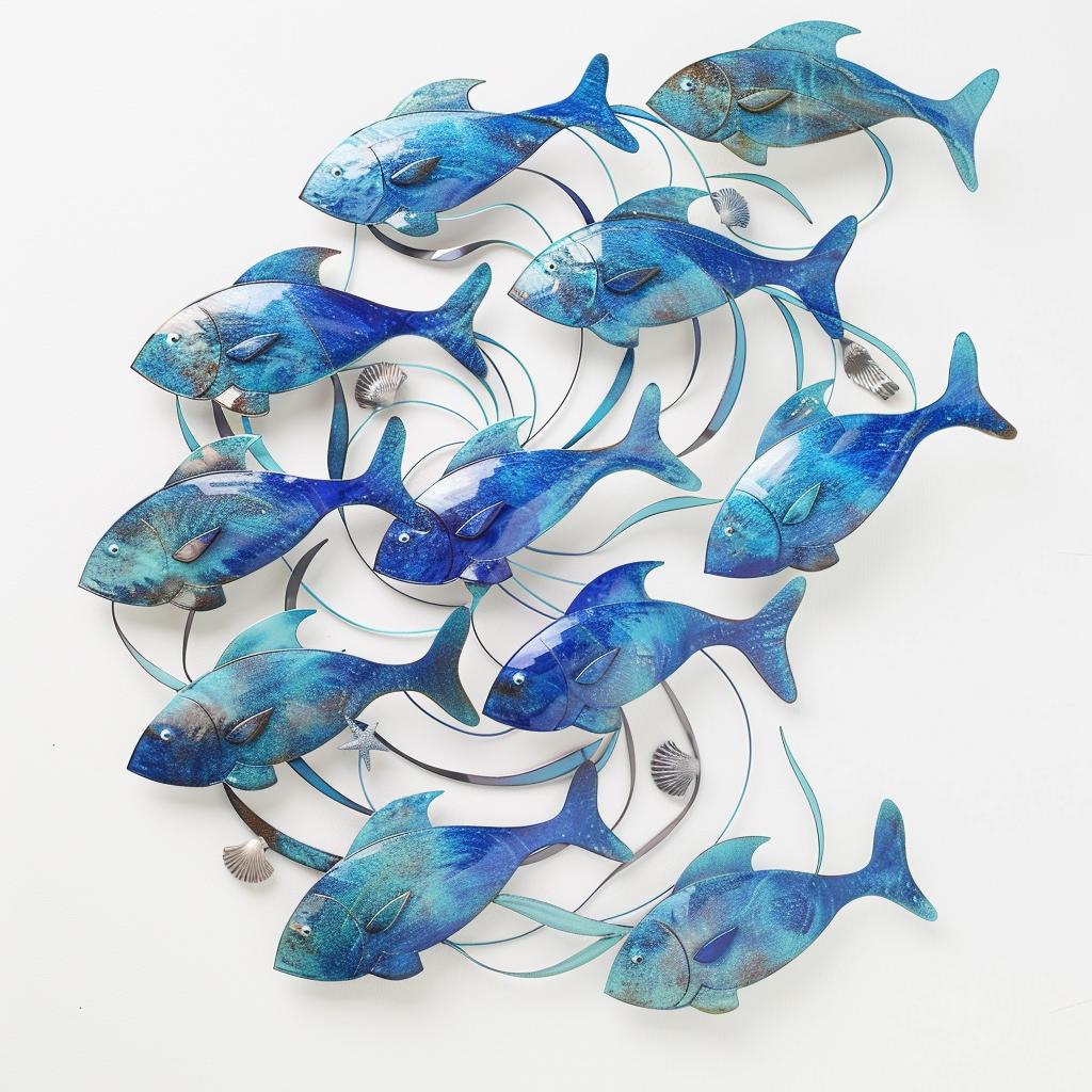 School of Blue Fish Metal Wall Art, Marine Life Ocean Decor Coastal Home Sign