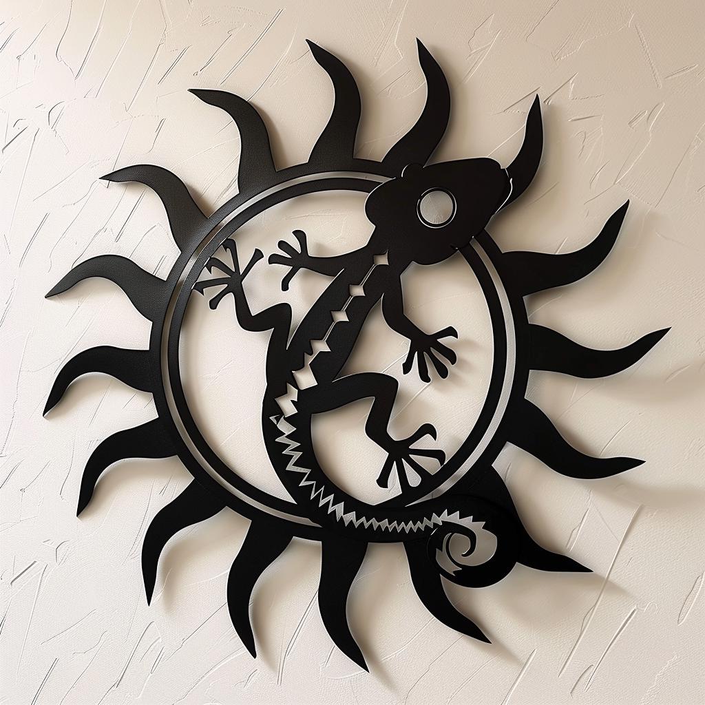 Polynesian Gecko Sun Metal Wall Art – Tribal Lizard Decor, Tropical Coastal Home Hanging