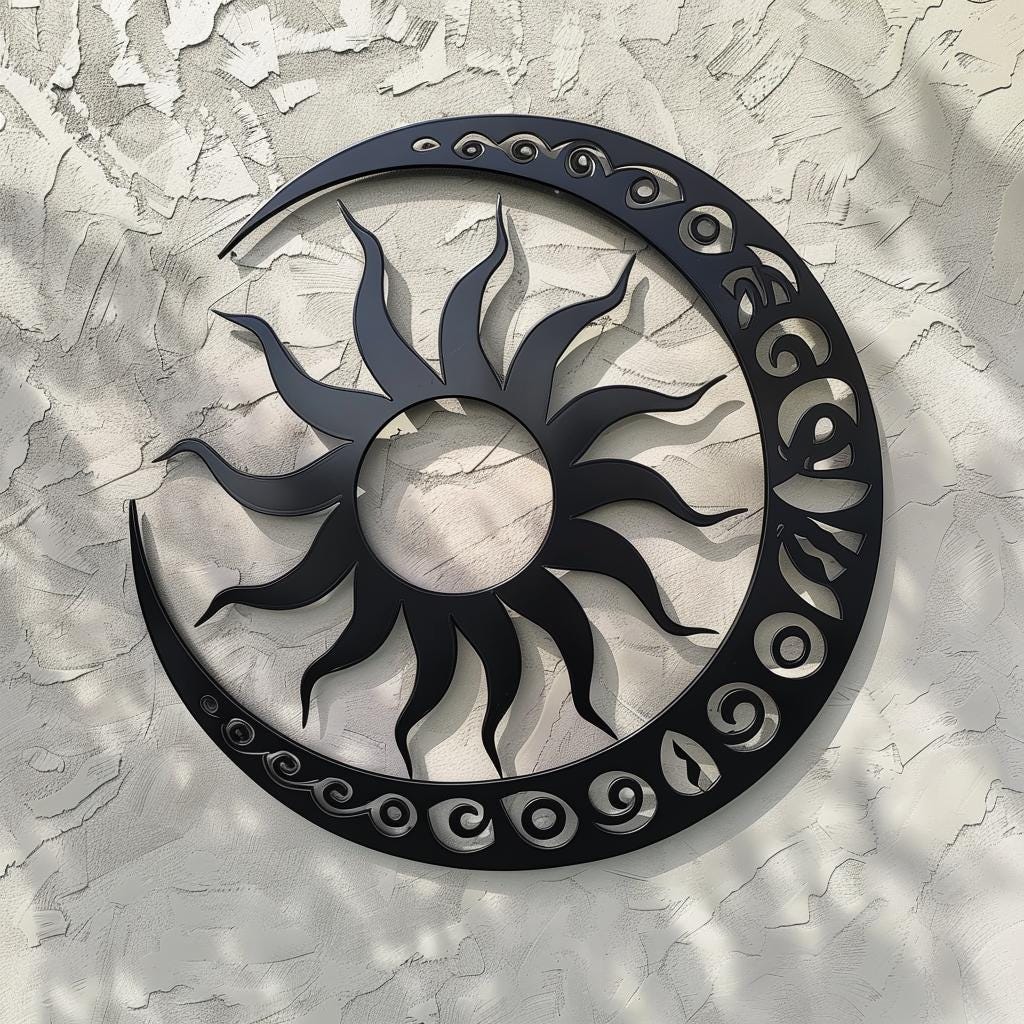 Polynesian Sun Moon Metal Wall Art, Tribal Crescent Steel Decor (Laser Cut)