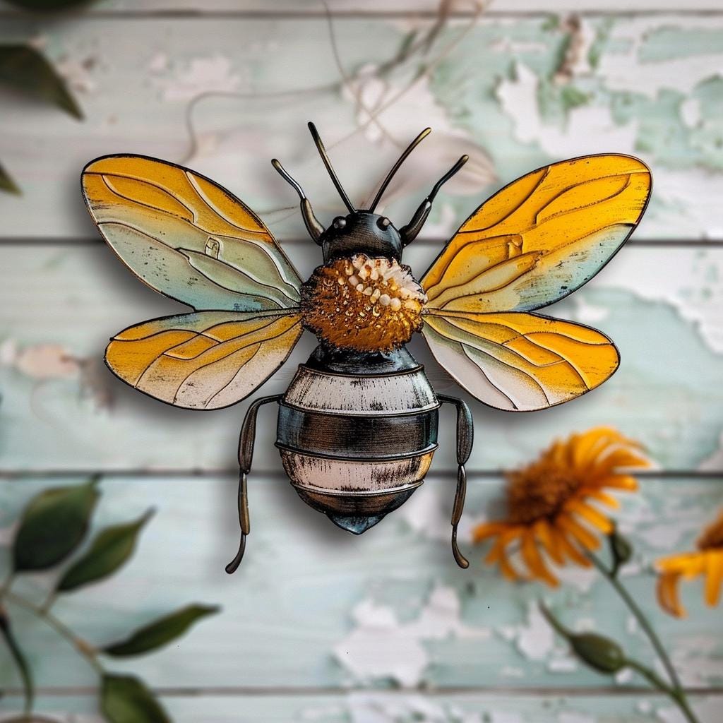 Bee Metal Wall Art, Rustic Garden Insect Decor, Farmhouse Outdoor Hanging