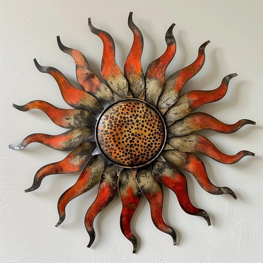 Vintage Sun Metal Wall Art: Leopard Texture, Rustic Copper Orange, Boho Celestial Garden Decor