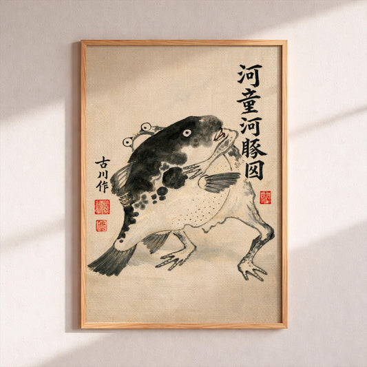 Japanese Frog and Pufferfish Print, Vintage Matsumoto Hoji Style Ukiyo-e Poster, Funny Animal Wall Art, Japanese Woodblock Asian Home Decor