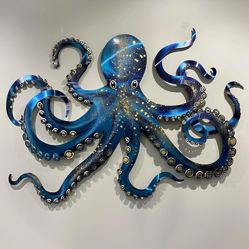 Octopus Metal Wall Art: Coastal Ocean Nautical Marine Life Metal Sign