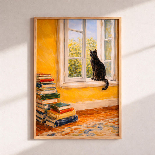 Black Cat Art Print, Vintage Oil Painting Style, Cozy Library Decor, Book Lover Gift, Cat Mom Poster, Dark Academia Wall Art, Window View