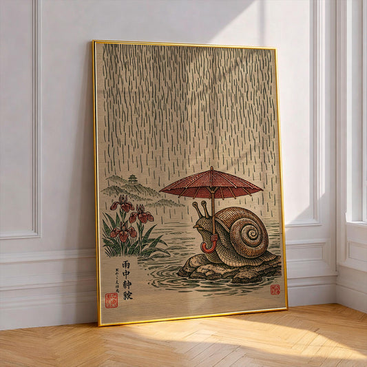Vintage Japanese Snail Art Print, Ukiyo-e Style Snail with Umbrella Poster, Surreal Nature Wall Decor, Quirky Animal Gift