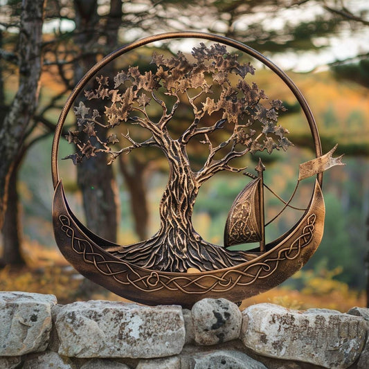 Viking Ship Tree of Life Metal Wall Art, Nordic Celtic Oak Decor