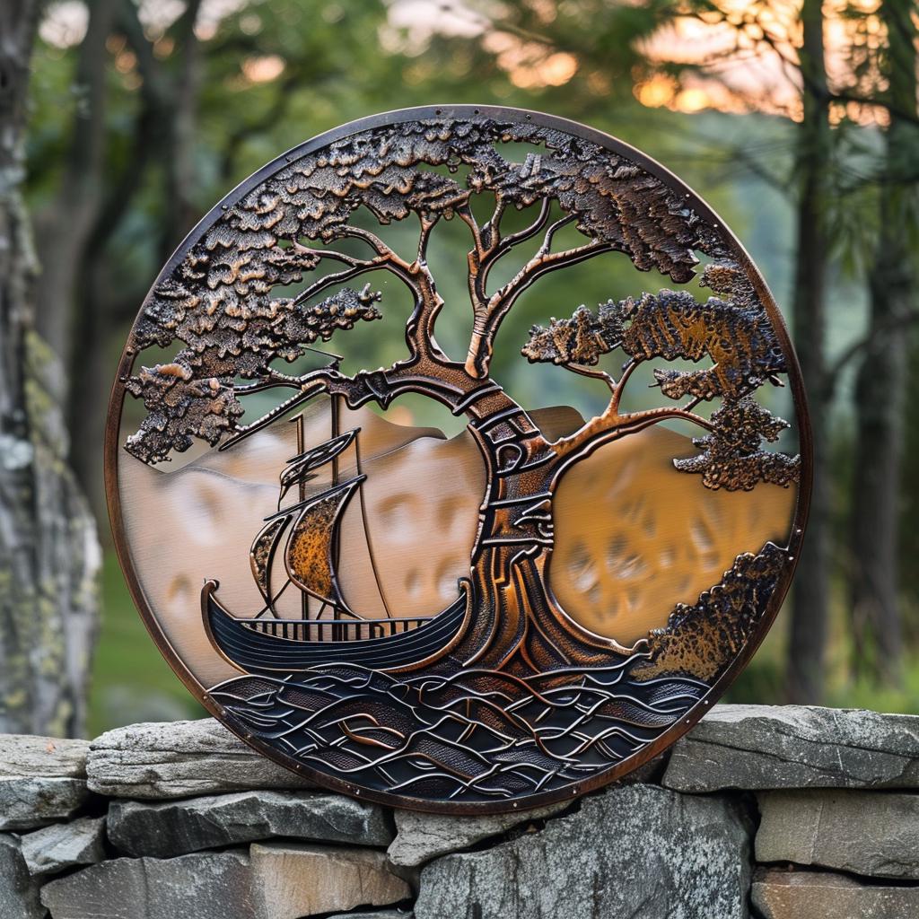Viking Ship Tree of Life Metal Wall Art, Nordic Celtic Oak Decor