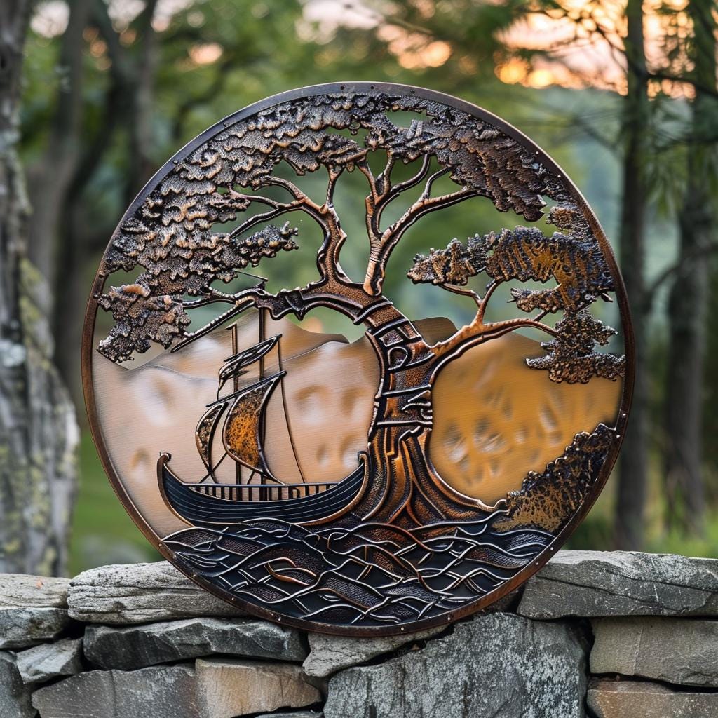 Viking Ship Tree of Life Metal Wall Art, Nordic Celtic Oak Decor