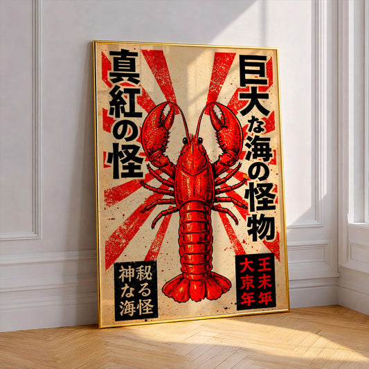 Japanese Lobster Poster, Vintage Ukiyo-e Sea Monster Wall Art, Red Lobster Print, Kanji Calligraphy Decor, Nautical Kitchen Art, Retro Gift